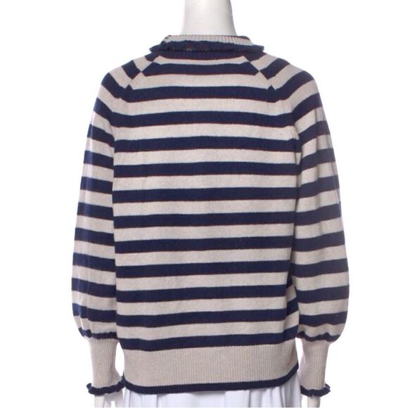 Rebecca Taylor Navy Blue Cream Stripe Merino Wool Ruffle Pullover Sweater - Picture 11 of 16